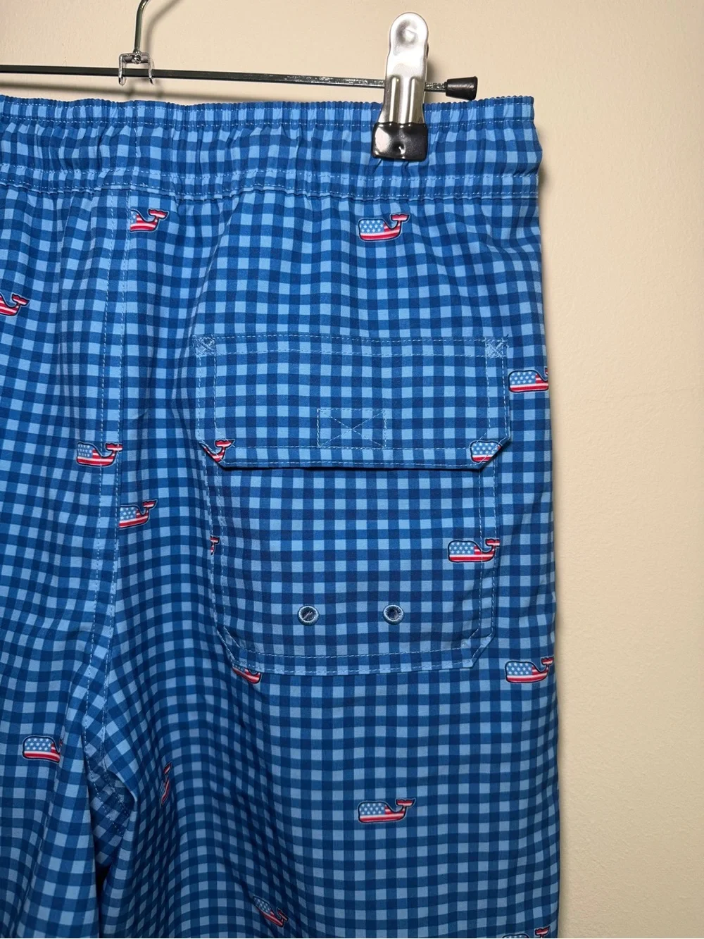 Vineyard Vines Kids Blue Gingham USA Flag Whale Swim Trunks Size L